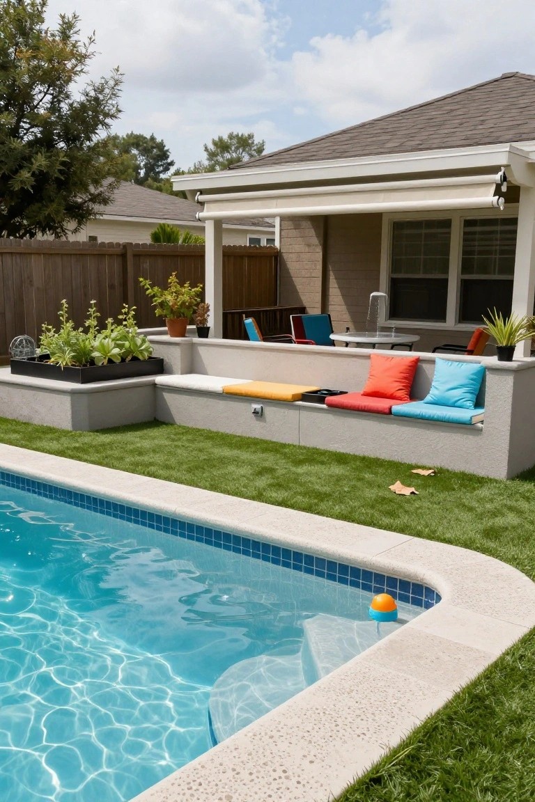Semi-inground pool with a gray concrete raised edge forming a built-in bench topped with orange, red, and blue cushions, adjacent to a black planter box of greenery, artificial turf, and scattered outdoor chairs.