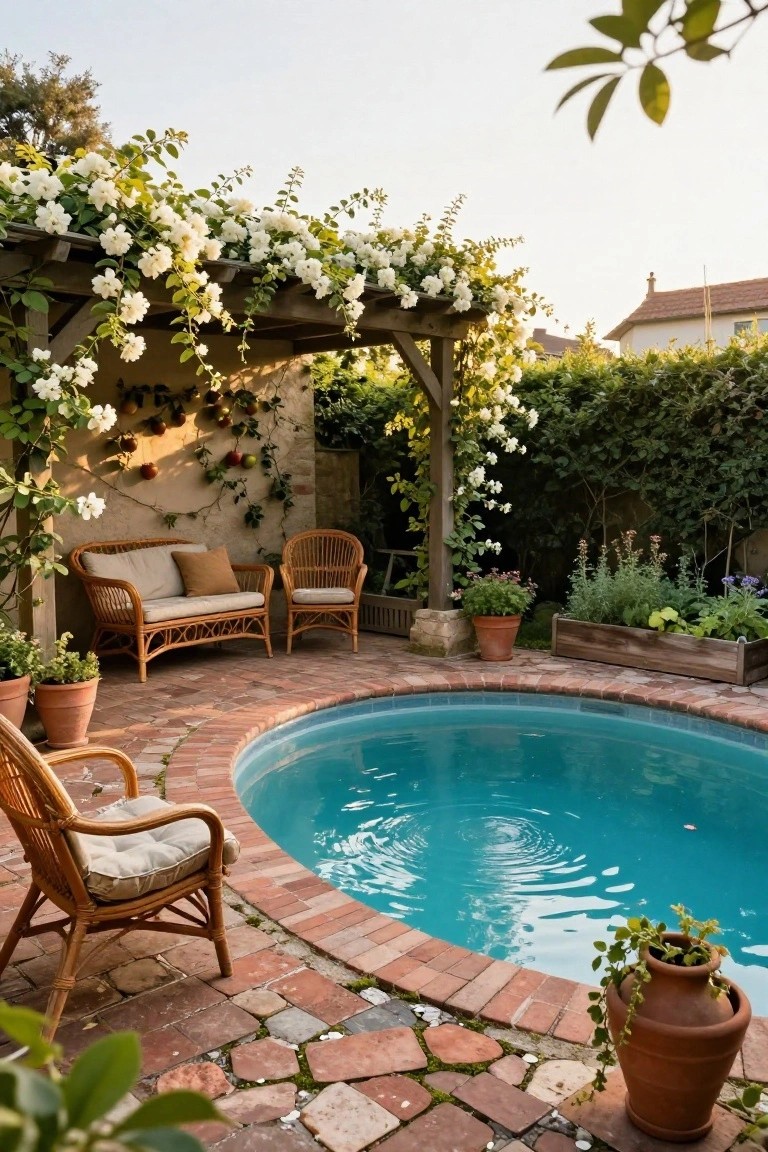 Small round turquoise semi-inground pool edged in brick pavers, surrounded by wicker loveseat, chairs, potted plants, and a wooden pergola covered in white climbing roses in a garden with greenery and walls.