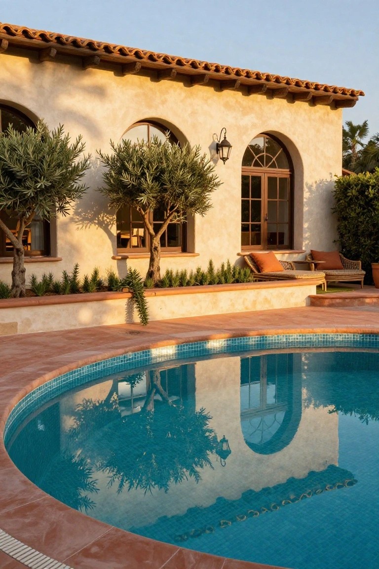 Beige stucco house wall with arched windows and lanterns, flanked by two olive trees and low plantings in a raised bed, curving terracotta deck around a semi-inground blue mosaic pool, with loungers nearby.