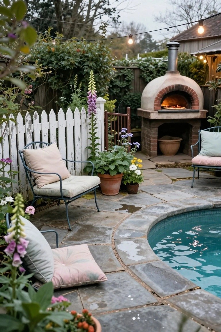 Wood-fired brick pizza oven beside a curved semi-inground pool, flanked by lounge chairs with cushions, potted plants, and string lights in a garden patio setting.