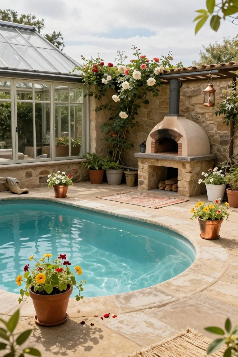 Curved turquoise semi-inground pool edged in stone tiles next to a built-in beige pizza oven on a stone base, surrounded by potted plants, climbing roses on walls, terracotta pots, rugs, and a greenhouse structure.