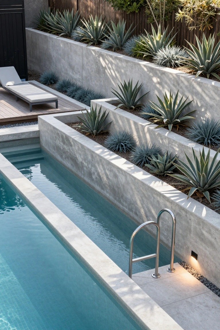 Narrow semi-inground pool with turquoise water, bordered by tiered concrete retaining walls planted with agave and blue succulent plants, wooden deck with lounge chair nearby.