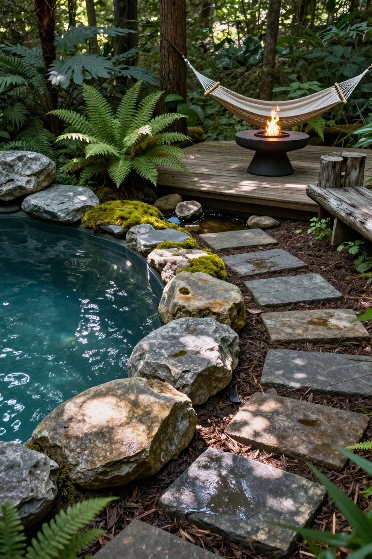 Semi-inground turquoise pool edged with large mossy boulders, surrounded by ferns, a stone path, wooden deck with black fire pit and hammock in lush green forest setting.