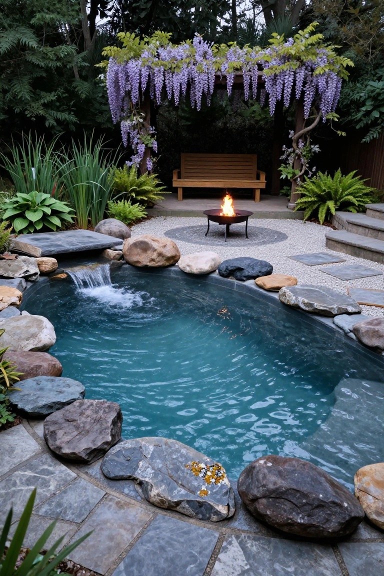 Semi-inground pool with large natural rocks bordering the edges, a small waterfall flowing into the blue water, surrounded by gravel paths, plants, a fire pit, wooden bench under wisteria-covered arbor, and stone steps in a backyard garden.