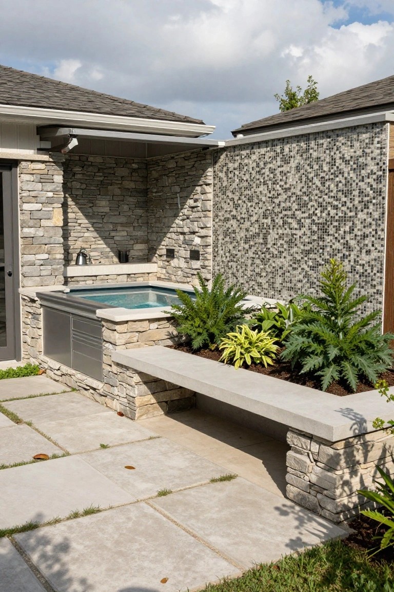 Semi-inground hot tub with turquoise water next to a long concrete bench with plants in built-in planters, surrounded by stone walls with gray mosaic tile and a paver patio.