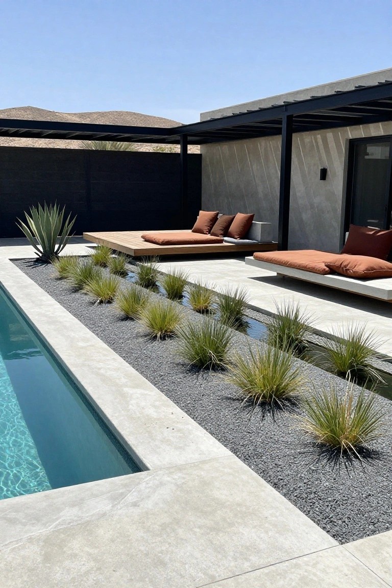 Modern semi-inground pool with a linear bed of ornamental grasses and gravel mulch along the edge, agave plants, wooden platform daybeds with cushions, concrete decking, and steel pergola structure beside a textured wall in a desert setting.