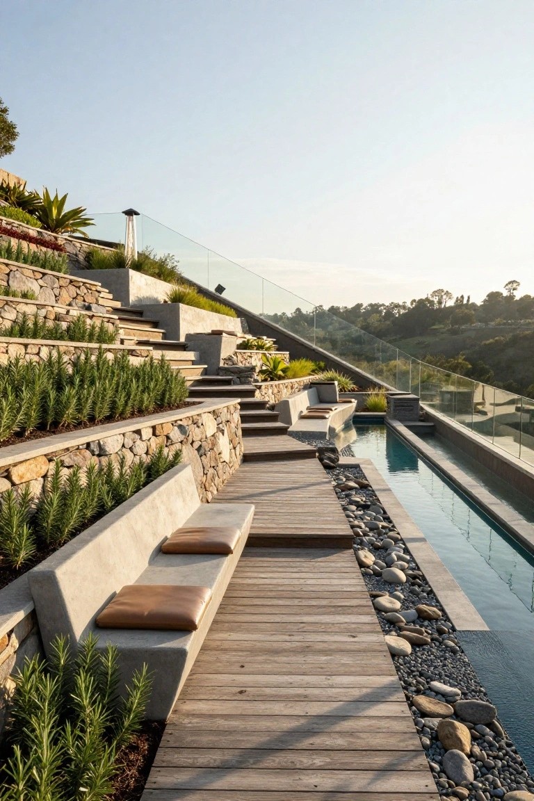 Terraced stone retaining walls with rosemary plantings, concrete steps and bench with cushions, wooden walkway beside narrow infinity pool edged with pebbles and dark gravel, glass balustrade overlooking wooded hills at sunset.