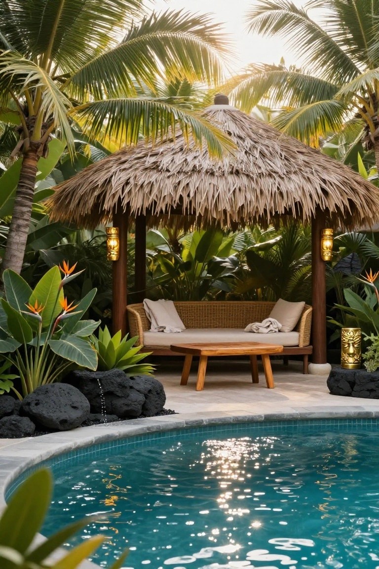 Tropical Thatched Pavilion for Poolside Lounging