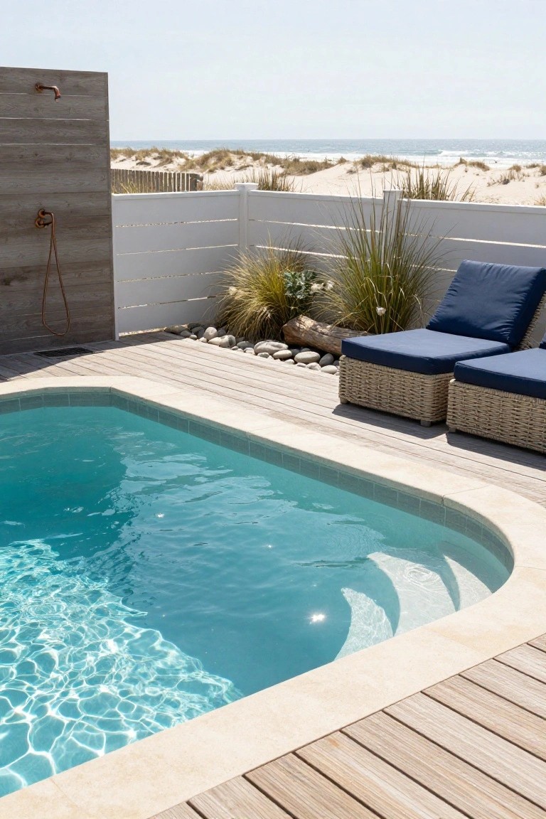 Semi-inground turquoise pool with light wood decking along the curved edge and steps, two blue woven loungers positioned nearby, beach grasses, rocks, wooden outdoor shower, white fence, and ocean dunes in background.
