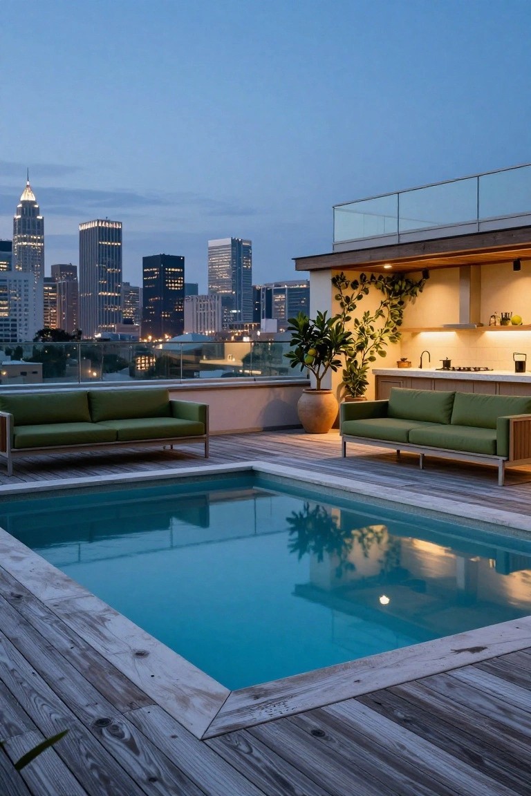 Rooftop terrace with rectangular blue pool set into gray wood decking, two matching green outdoor sofas positioned on opposite sides of the pool, outdoor kitchen area with plants and potted trees, glass railing, and city skyline view at dusk.