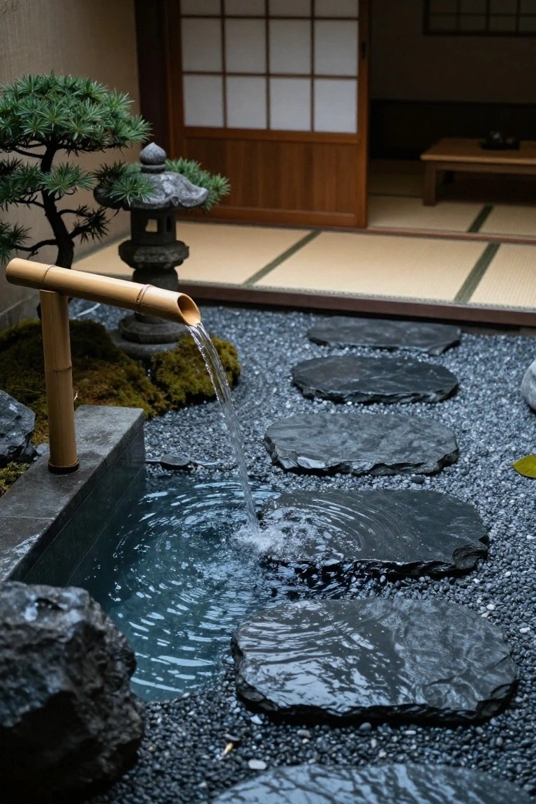 23 Dreamy Pool Ideas With Waterfall Features to Wow Guests Japanese garden courtyard with bamboo spout fountain pouring water into a dark stone basin amid gravel, irregular black slate stepping stones, mossy rocks, bonsai tree, stone lantern, and open wooden door with shoji screens.