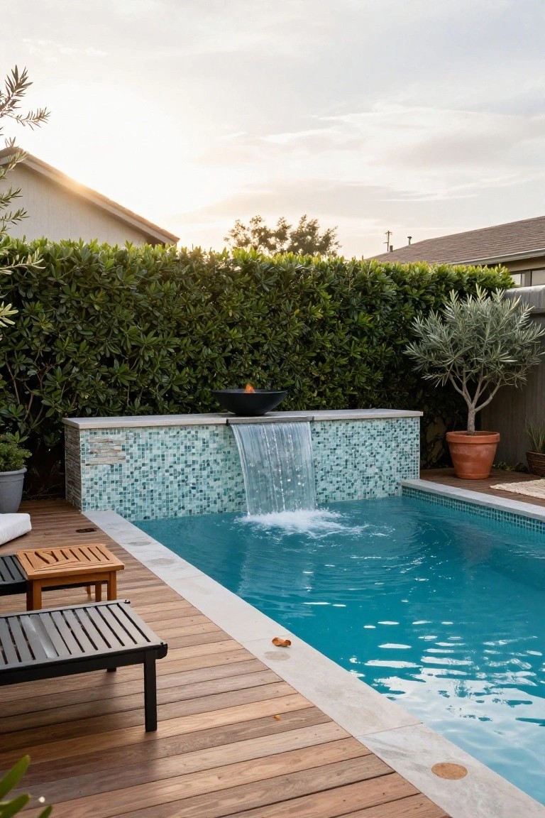 23 Dreamy Pool Ideas With Waterfall Features to Wow Guests Backyard pool with waterfall cascading from a turquoise mosaic tiled wall edged in stone, wooden deck with lounge chairs and side table, surrounding hedge, olive tree, potted plants, and black fire bowl.
