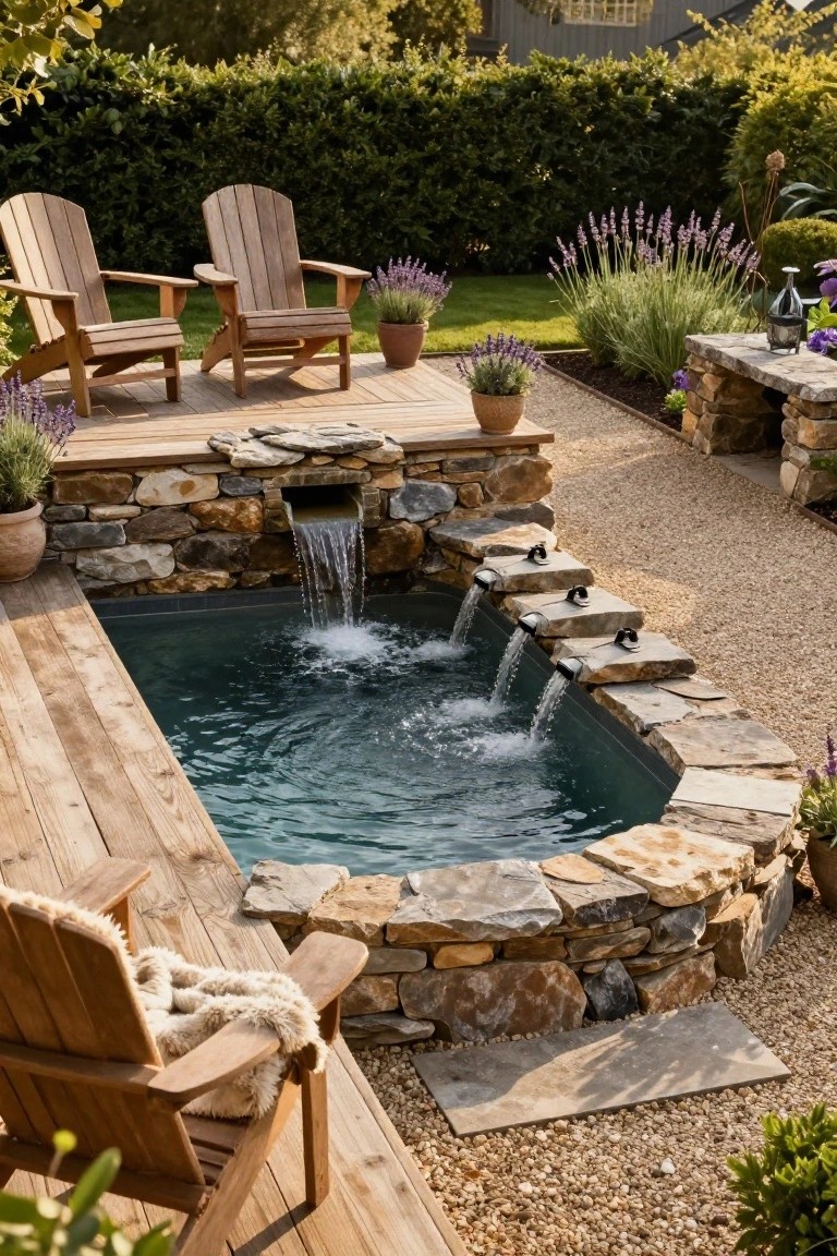 23 Dreamy Pool Ideas With Waterfall Features to Wow Guests Small rectangular pool built into a wooden deck with water cascading from three metal spouts on stacked stone ledges, surrounded by potted plants, gravel paths, lavender, and wooden Adirondack chairs.