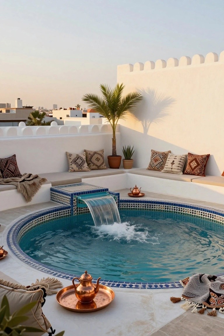 23 Dreamy Pool Ideas With Waterfall Features to Wow Guests Rooftop terrace with a small circular turquoise-tiled pool fed by a waterfall from a raised blue-tiled edge, surrounded by white built-in benches with patterned cushions, potted plants, a palm tree, copper teapots, and rugs against a white crenellated wall at sunset.