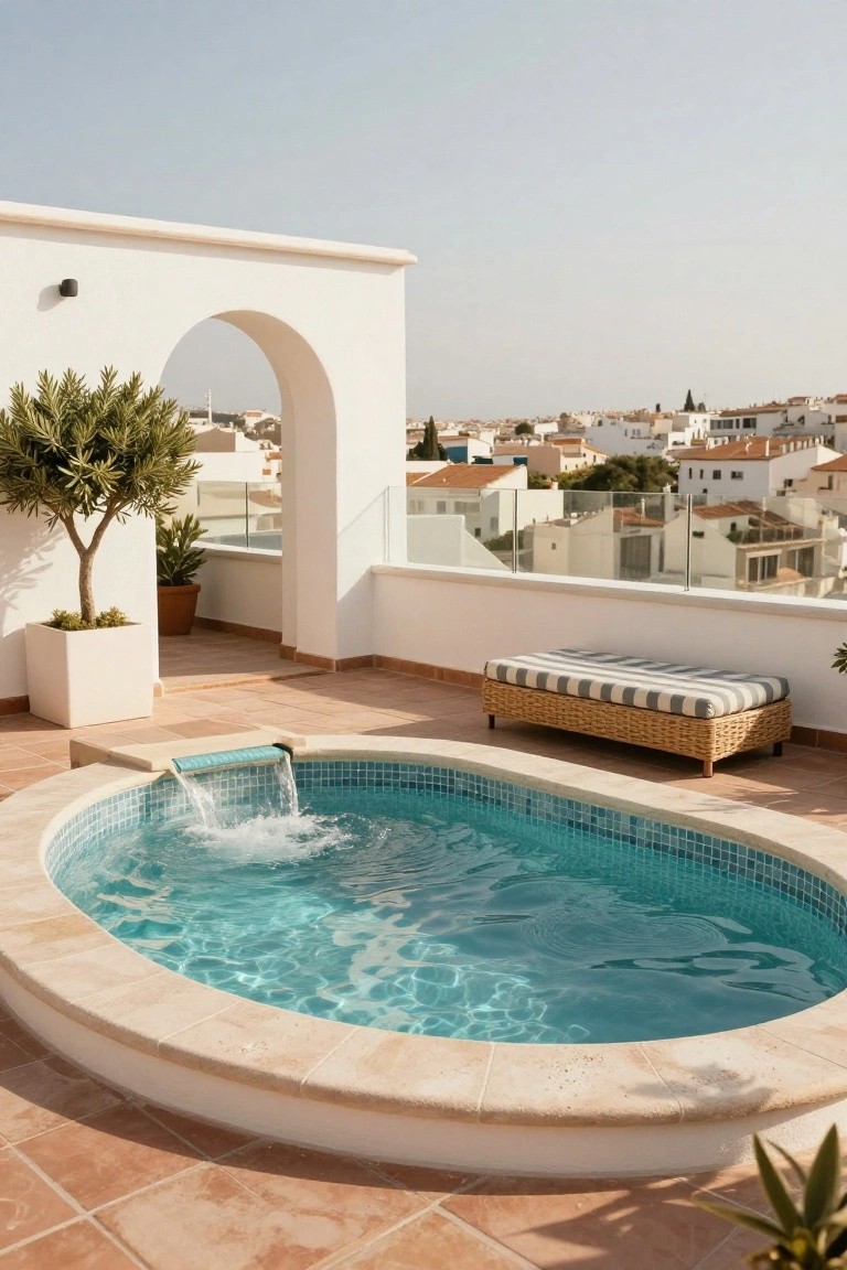 23 Dreamy Pool Ideas With Waterfall Features to Wow Guests Small oval turquoise-tiled pool with waterfall on a terracotta rooftop terrace, white arches and columns nearby, potted plants, woven bench with striped cushion, and view of white buildings.