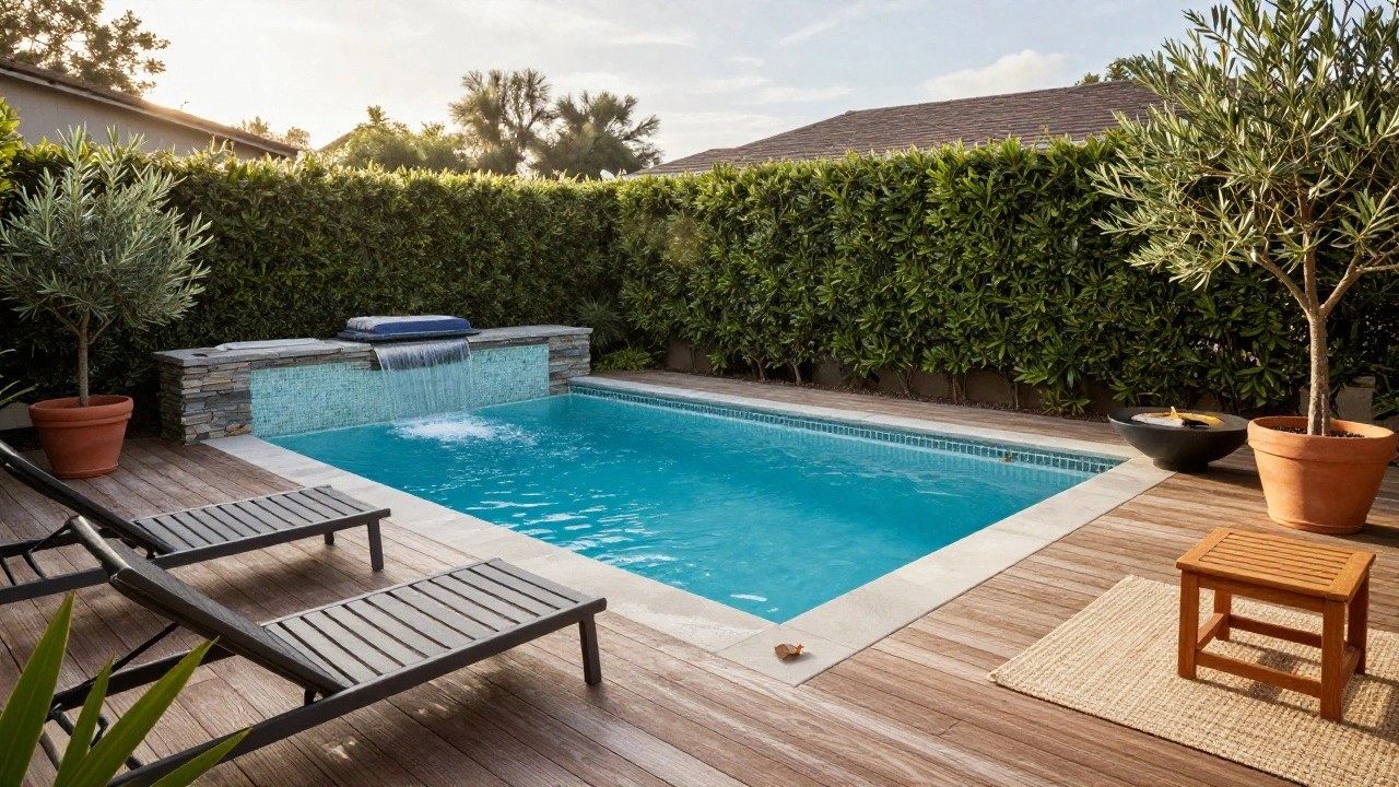 Backyard pool with waterfall cascading from a turquoise mosaic tiled wall edged in stone, wooden deck with lounge chairs and side table, surrounding hedge, olive tree, potted plants, and black fire bowl.