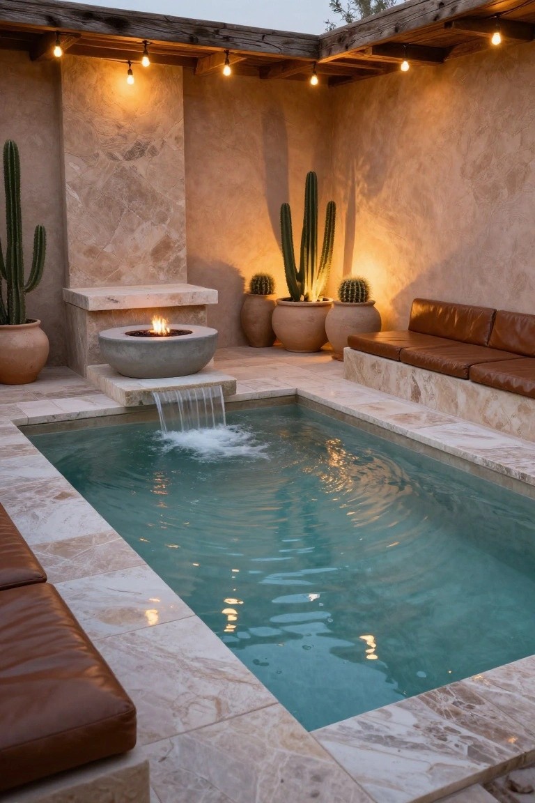 23 Dreamy Pool Ideas With Waterfall Features to Wow Guests Small rectangular pool with turquoise rippling water and waterfall flowing from a raised round stone fire pit bowl, surrounded by travertine tiles, leather benches, large potted cacti, and string lights in an enclosed outdoor courtyard.