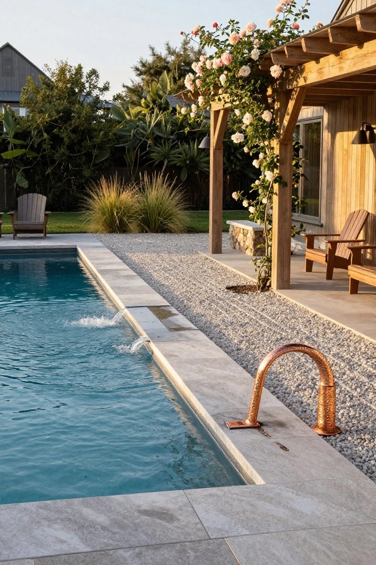 23 Dreamy Pool Ideas With Waterfall Features to Wow Guests Close view of a rectangular pool with water cascading over the tiled edge from two low spillways, adjacent to a gray pebble path, copper handrail, stone wall, and wooden pergola covered in pink roses.