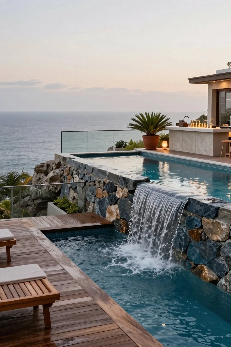 23 Dreamy Pool Ideas With Waterfall Features to Wow Guests Multi-level outdoor pool featuring a stone-lined waterfall cascading from an upper infinity-edge pool into a lower pool, with wooden decking, loungers, and an ocean view.