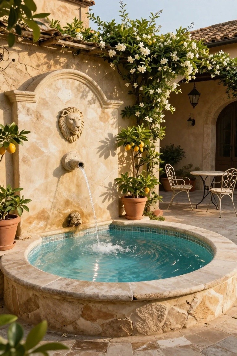 23 Dreamy Pool Ideas With Waterfall Features to Wow Guests Stone wall with carved lion head fountain pouring water from a spout into a small round blue-tiled pool, surrounded by potted lemon trees, white flowering vines, and white metal chairs with a table on a tiled patio.