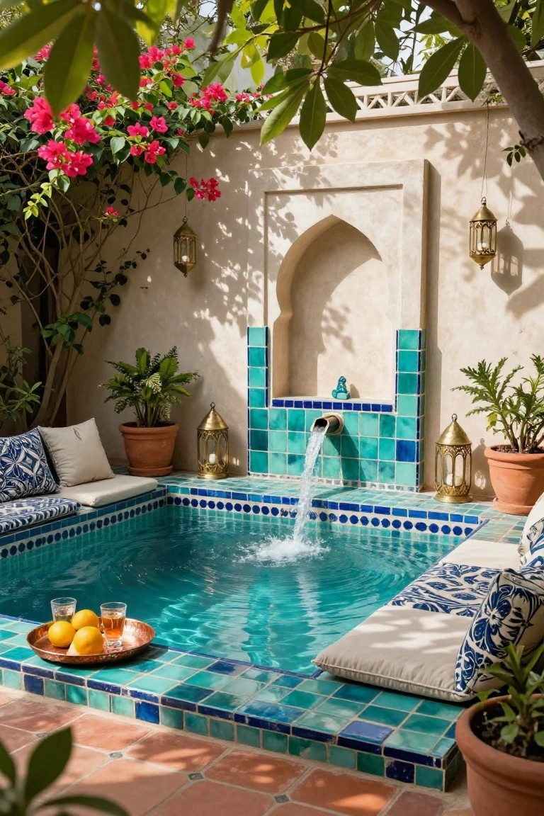 23 Dreamy Pool Ideas With Waterfall Features to Wow Guests Small turquoise-tiled plunge pool in a walled courtyard with waterfall flowing from blue-tiled arched wall niche, surrounded by potted plants, brass lanterns, cushioned floor seating, and orange slices on a plate by the pool edge.