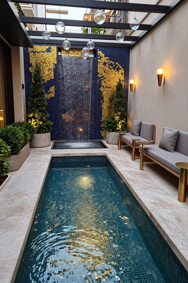 23 Dreamy Pool Ideas With Waterfall Features to Wow Guests Narrow rectangular outdoor pool with blue mosaic tiles fed by water cascading from a navy blue and gold mosaic-tiled wall, flanked by potted cypress trees and plants, low modern beige seating with gold tables, torch-style wall lights, under a black pergola with hanging clear glass spheres.