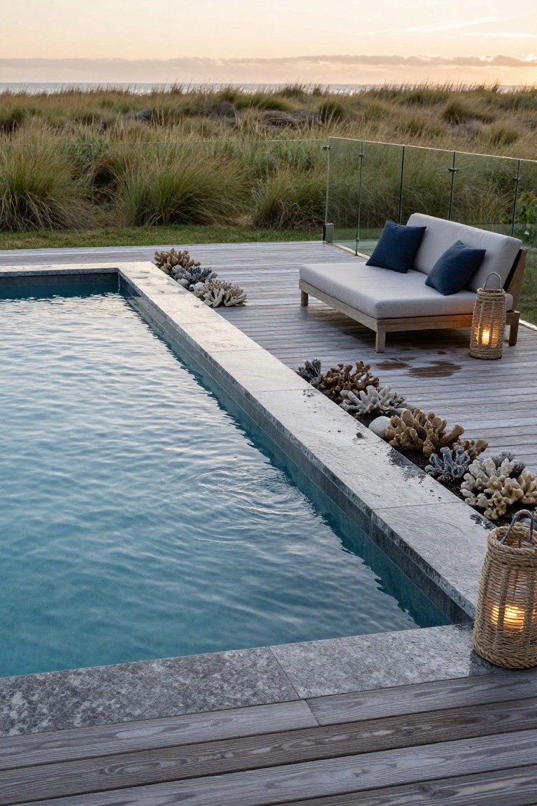 23 Dreamy Pool Ideas With Waterfall Features to Wow Guests Rectangular pool with gray stone edging lined with coral and shells in a dirt bed, wooden deck nearby holding a beige daybed with blue pillows and rattan lanterns, glass fence, beach dunes, and sunset sky in background.