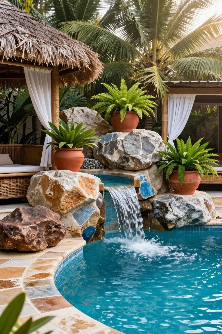 23 Dreamy Pool Ideas With Waterfall Features to Wow Guests Outdoor infinity-edge pool with stacked natural boulders forming a waterfall, surrounded by large rocks, terracotta pots with ferns and palms, a thatched pavilion with white curtains and rattan lounge seating, and tropical plants.