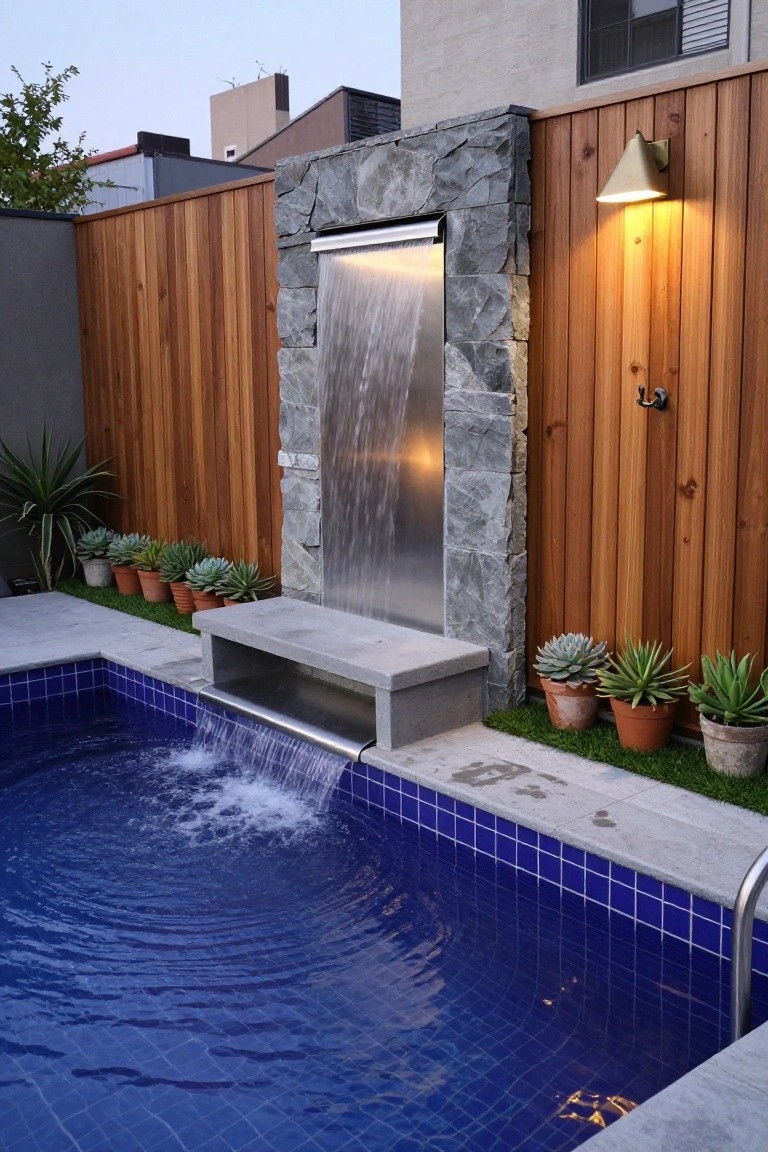 23 Dreamy Pool Ideas With Waterfall Features to Wow Guests Backyard swimming pool with stainless steel waterfall sheeting integrated into a stone wall at the edge, flowing into blue tiled water, surrounded by wooden fence, potted succulents, and wall lighting.