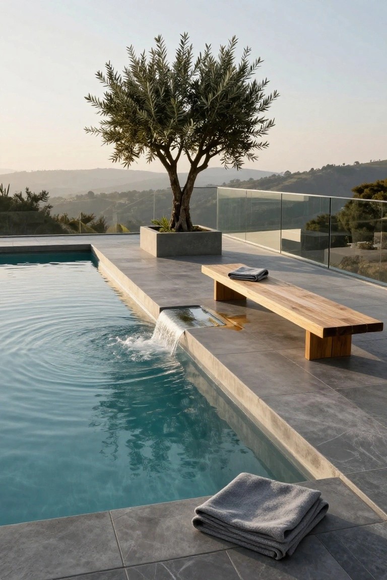 23 Dreamy Pool Ideas With Waterfall Features to Wow Guests Wooden bench on gray tiled deck at edge of infinity pool with waterfall spilling in, gray towels on bench and deck, olive tree in concrete planter, glass railing, and distant hills at sunset.