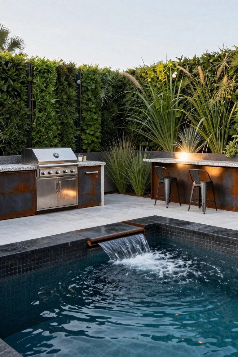 23 Dreamy Pool Ideas With Waterfall Features to Wow Guests Outdoor kitchen bar with stainless steel BBQ grill, rusted metal cabinets, and two stools on a stone countertop next to a small black-tiled pool with wooden waterfall feature, surrounded by green hedges and potted grasses.