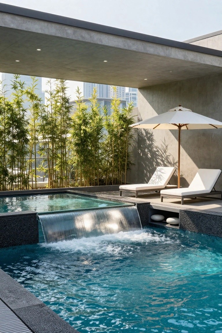 23 Dreamy Pool Ideas With Waterfall Features to Wow Guests Modern rooftop pool with waterfall cascading from black stone edge into turquoise water, surrounded by bamboo plants, two white lounge chairs, beige umbrella, and concrete terrace overlooking city high-rises.