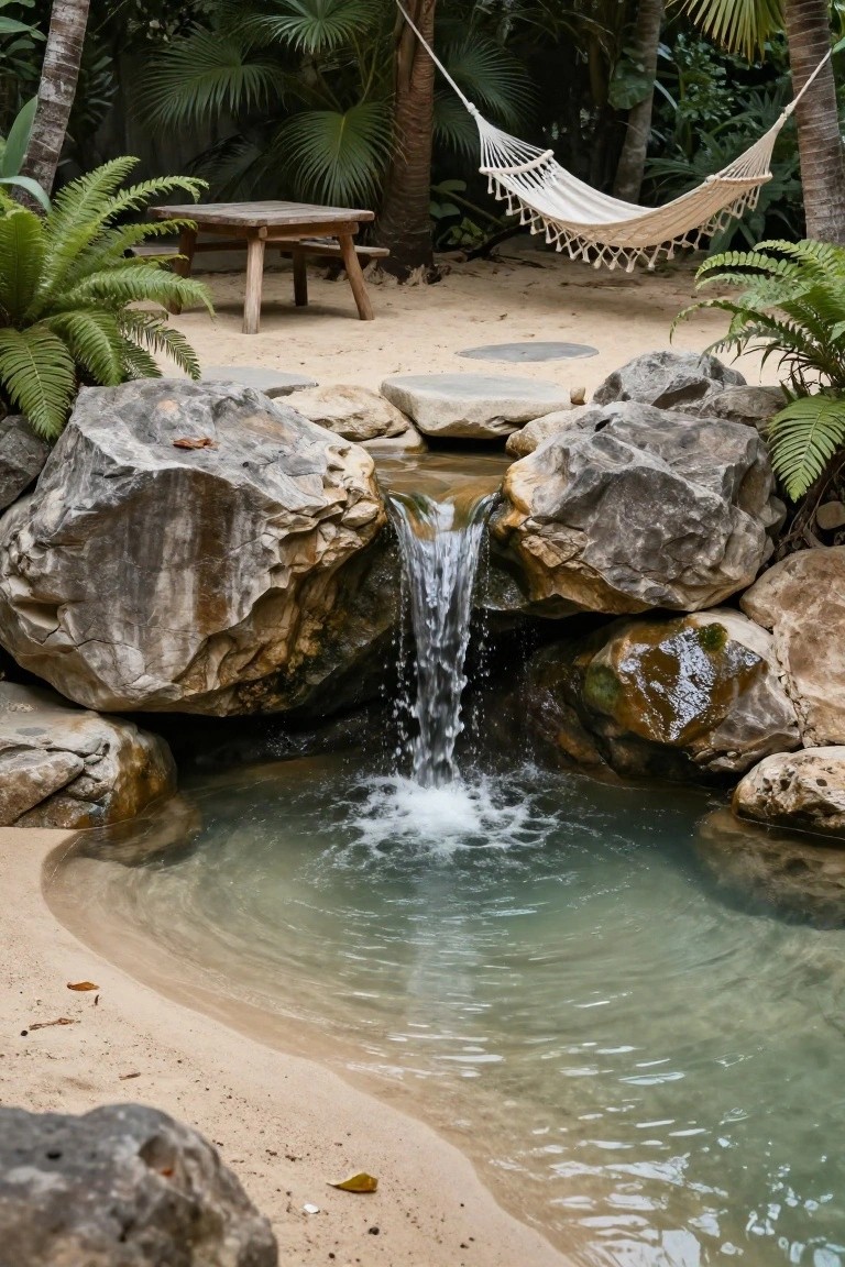 23 Dreamy Pool Ideas With Waterfall Features to Wow Guests Small turquoise pool with sandy beach edge and rock waterfall feature, surrounded by large boulders, ferns, palm trees, white hammock, and wooden picnic table on sand ground.