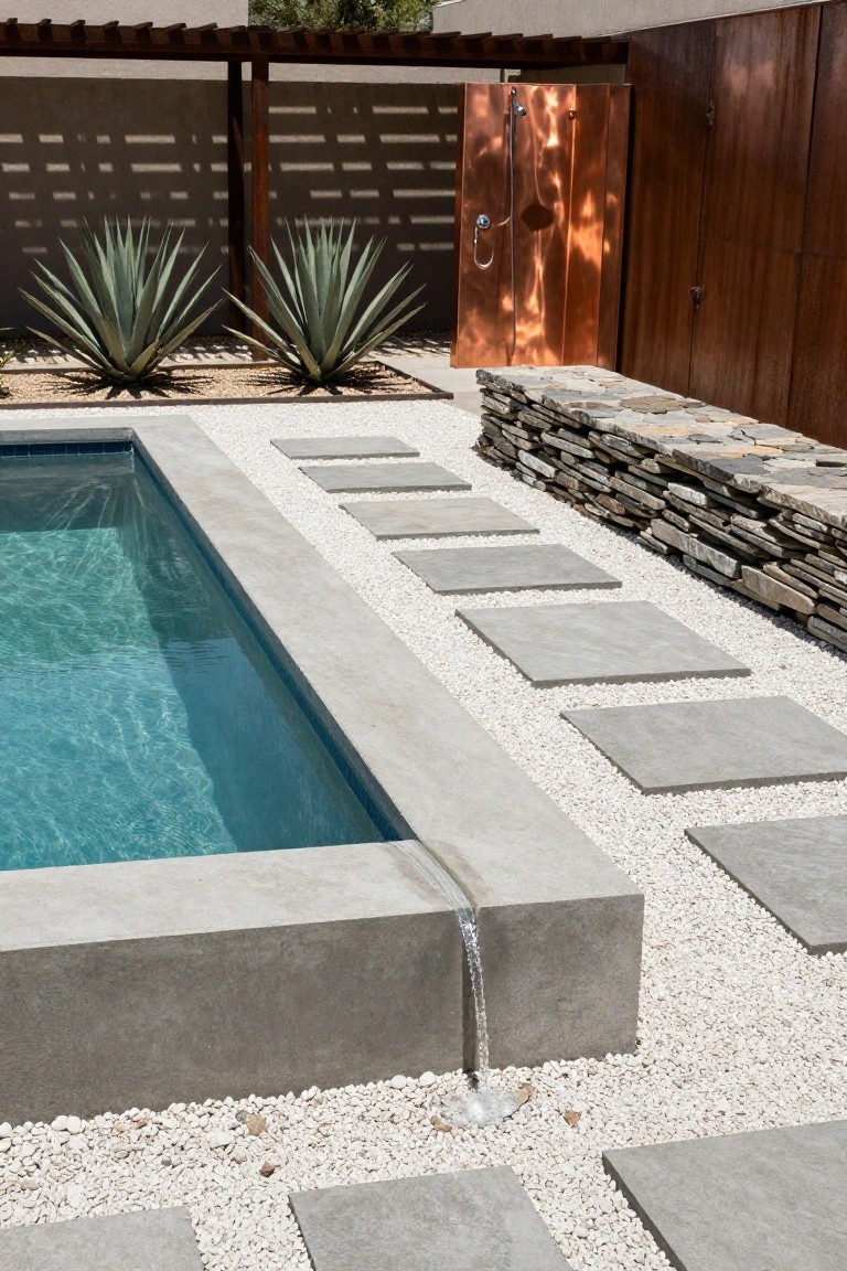 23 Dreamy Pool Ideas With Waterfall Features to Wow Guests Rectangular pool with clear blue water and thin waterfall cascading from the gray concrete edge, surrounded by white pebble ground cover, square gray stepping stones, agave plants, copper outdoor shower enclosure, stone wall, and wooden fence.