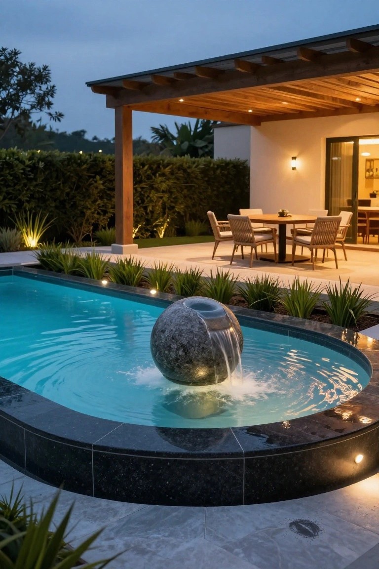 23 Dreamy Pool Ideas With Waterfall Features to Wow Guests Curved pool with black edging and a large gray stone sphere fountain spilling water into the blue water, flanked by landscaping and agave plants, an outdoor dining table under a wooden pergola, and a modern house visible at dusk.