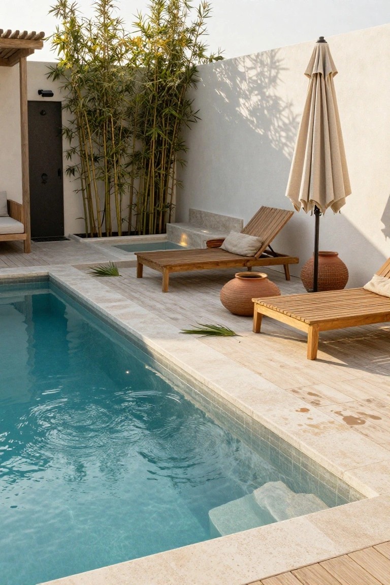 Small turquoise inground pool in a tiled outdoor courtyard with wooden loungers, beige umbrella, terracotta pots, and tall bamboo plants screening a white stucco wall.