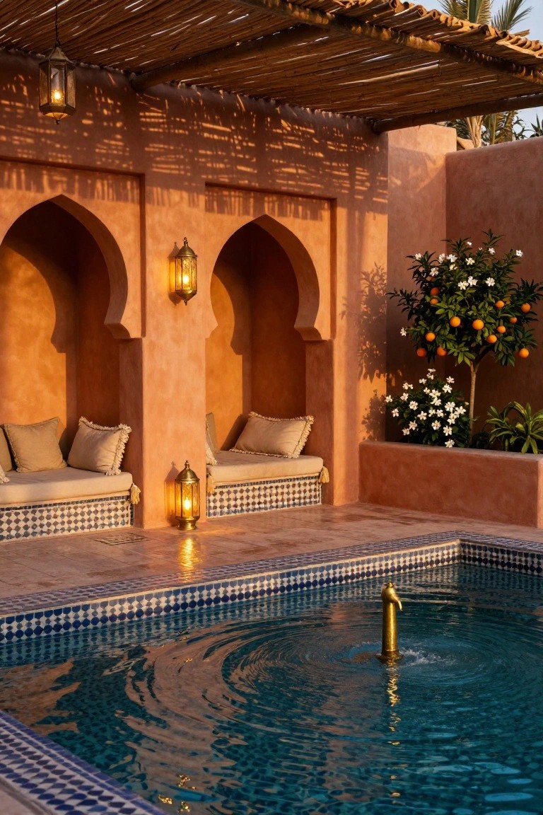 Outdoor inground pool with blue zellige tiles and central golden fountain spout, surrounded by terracotta walls featuring two arched niches with beige cushioned benches, lanterns, orange tree, white flowers, and palm trees under a thatched roof.
