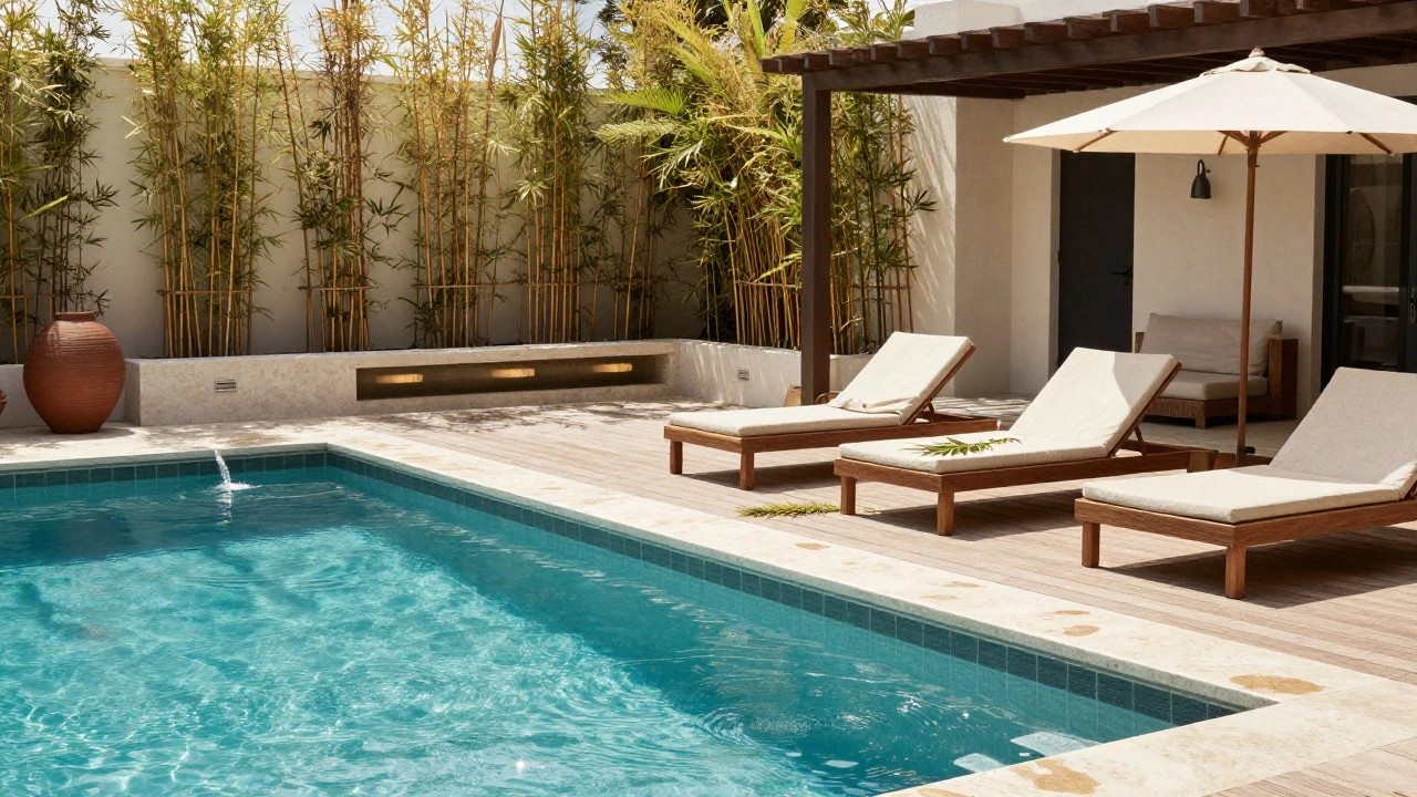 Small turquoise inground pool in a tiled outdoor courtyard with wooden loungers, beige umbrella, terracotta pots, and tall bamboo plants screening a white stucco wall.