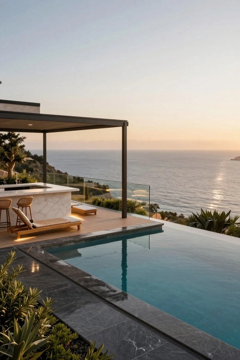 Wooden deck with infinity edge turquoise pool, white marble bar counter with rattan stools, wooden lounge chair, glass railings, plants, and ocean view at sunset.