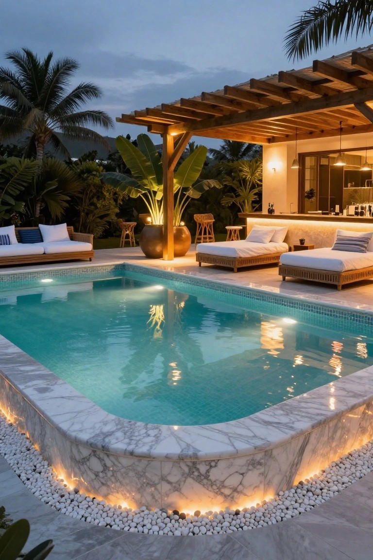 Outdoor inground pool with white marble edges lit from below, surrounded by white pebbles, next to wooden daybeds, a bar area, and pergola in a tropical garden at evening.