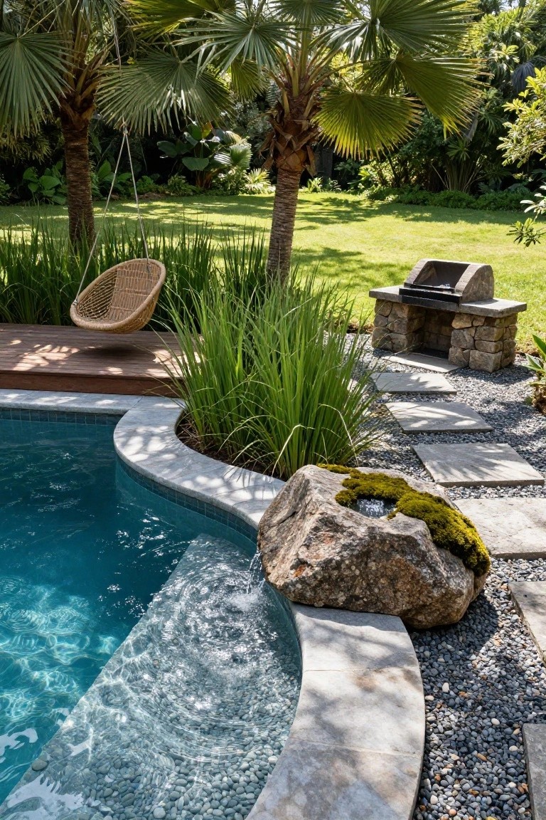 Lush garden pool with stone grill, hanging chair, and palm trees.