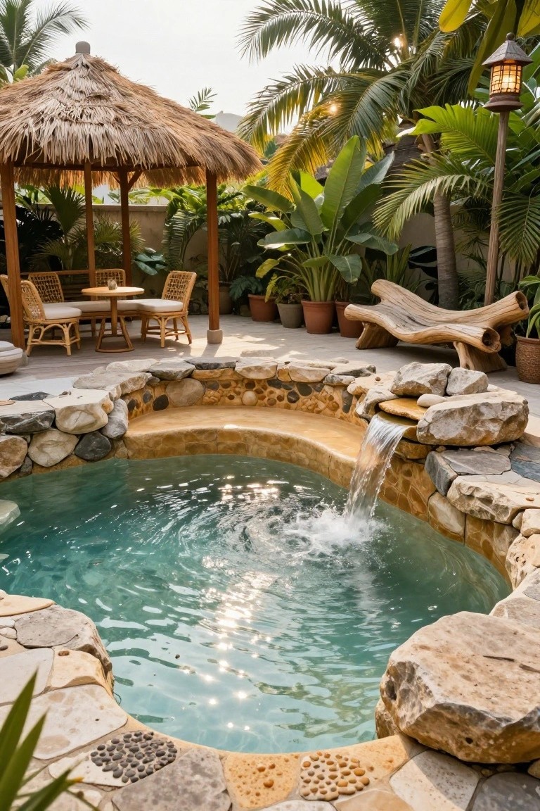 Tropical backyard with stone pool, thatched hut, lounge chairs, and waterfall.