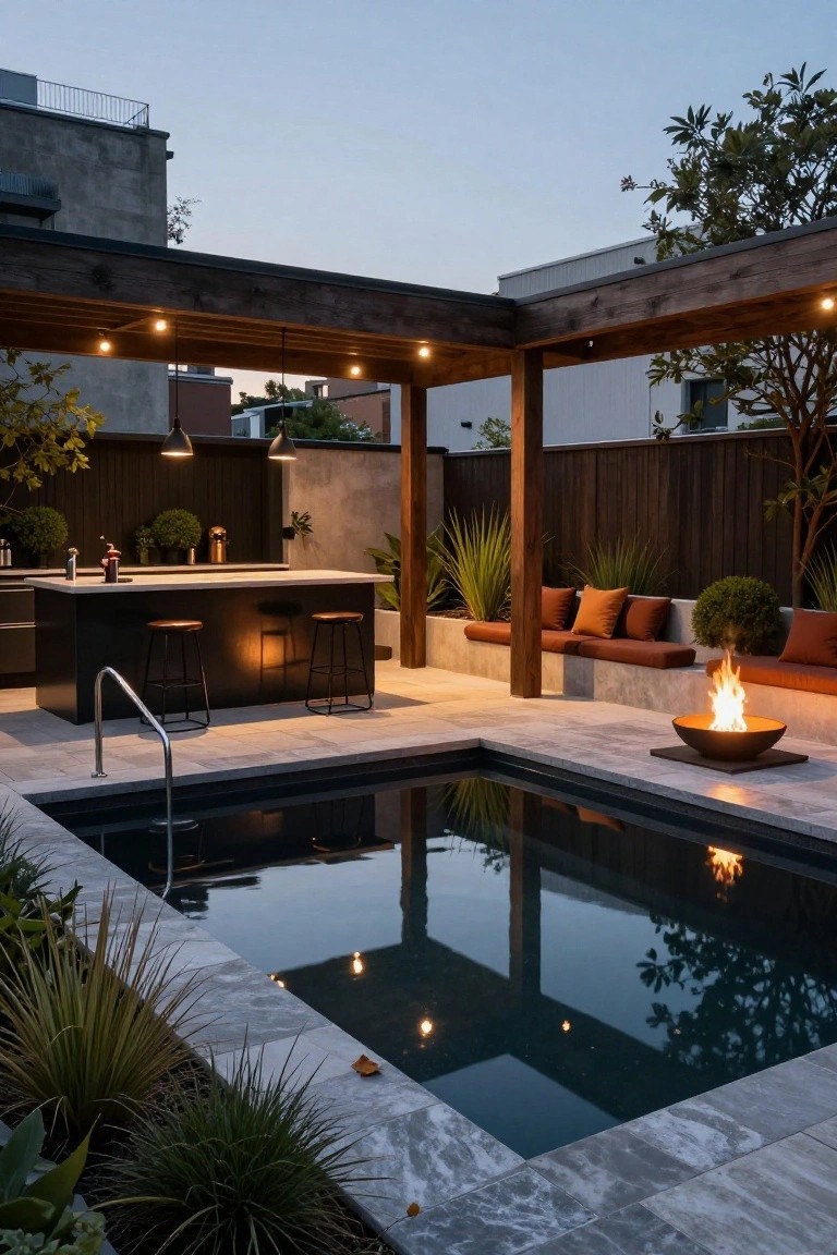 Small rectangular inground pool with dark water and ladder, next to a black outdoor bar counter with two stools, wooden pergola with string lights overhead, orange-cushioned bench seating with built-in fire pit, surrounded by potted plants and stone paving at dusk.