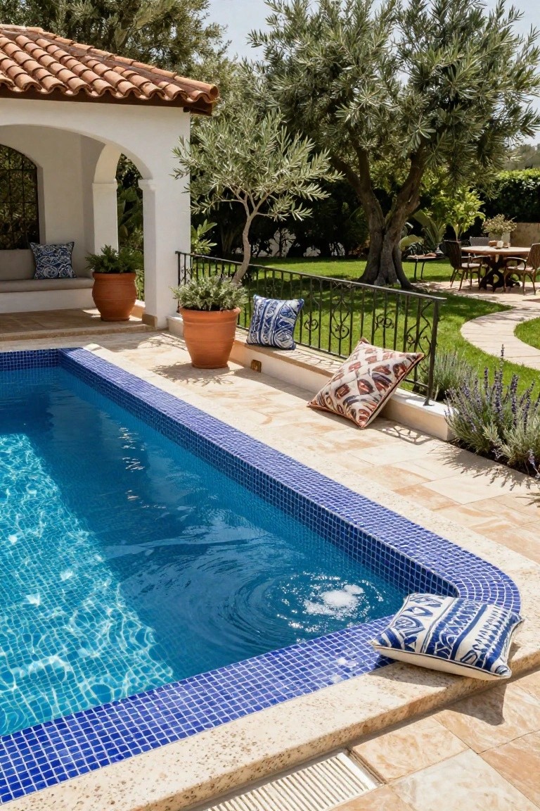 A rectangular inground pool lined with blue mosaic tiles and edged with matching blue tiles on beige stone decking, with colorful cushions placed on the edge, terracotta pots with plants, lavender shrubs, olive trees, and a white arched structure in the background.