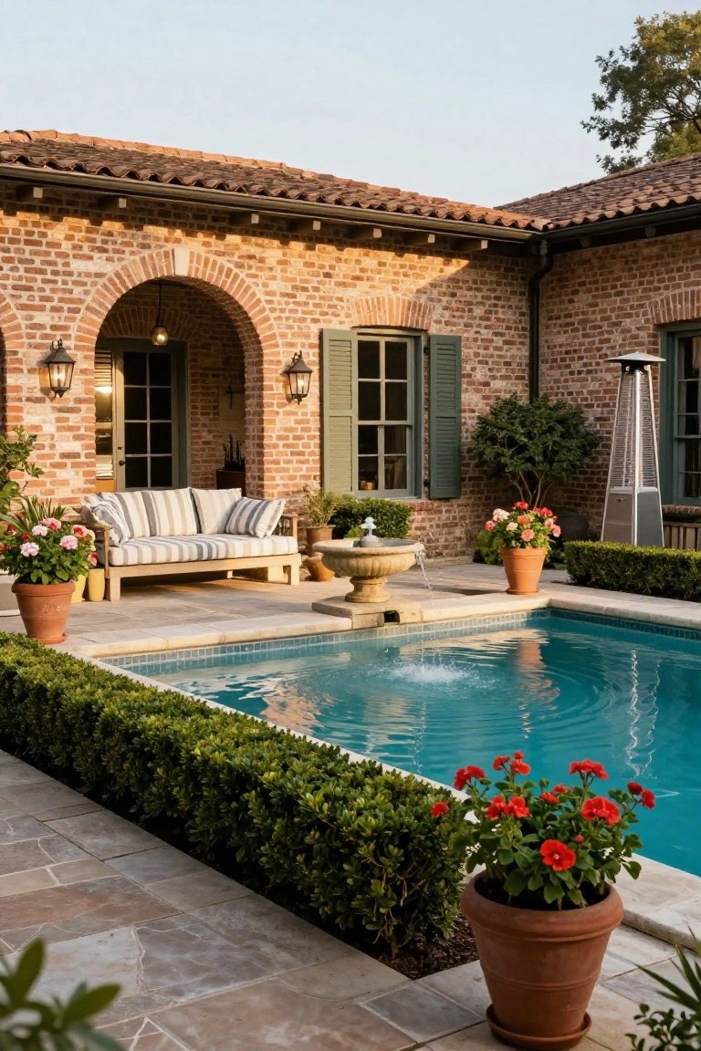 Inground pool edged with low boxwood hedges in a brick courtyard patio with terracotta tile floor, stone fountain, wooden bench sofa with white and gray striped cushions, potted plants and flowers, patio heater, and arched house entryway.