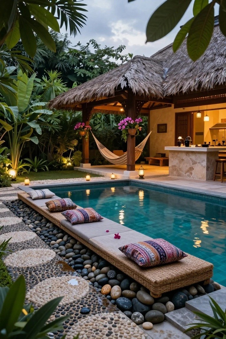 Turquoise inground pool edged with smooth pebbles and a low rattan bench holding colorful patterned pillows, adjacent to a thatched pavilion with hammock, bar stools, and lush tropical landscaping.