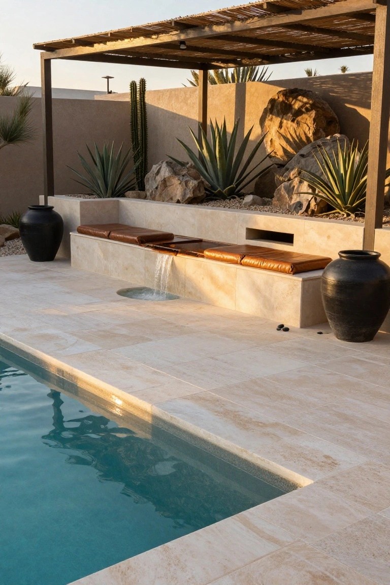 Beige stone built-in bench with tan leather cushions and a small waterfall feature along the edge of a turquoise inground pool, flanked by large black pots, succulents, rocks, and a thatched pergola structure.