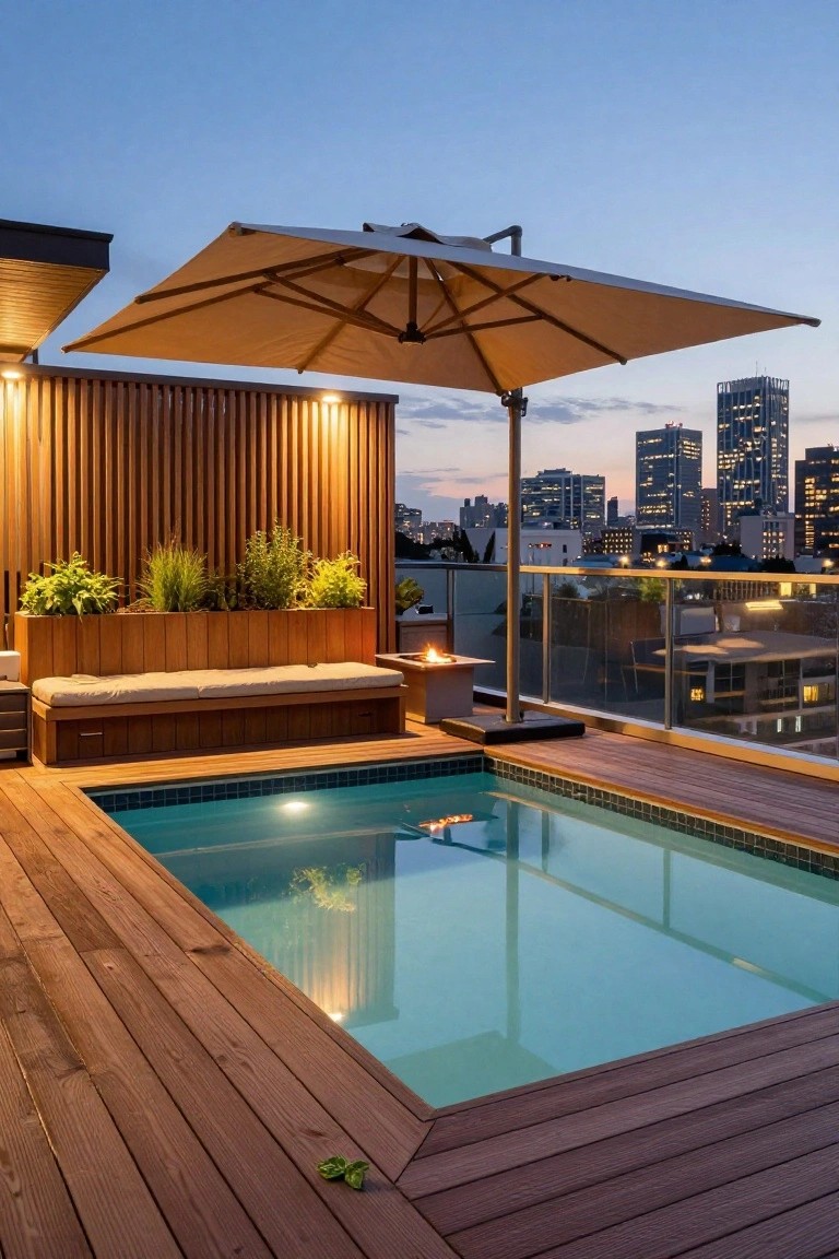 Rooftop deck with turquoise inground pool edged in wood decking, built-in wooden bench with white cushions, adjacent planter with greenery, beige outdoor umbrella, fire pit table, wooden slat privacy screen, and city skyline at dusk.