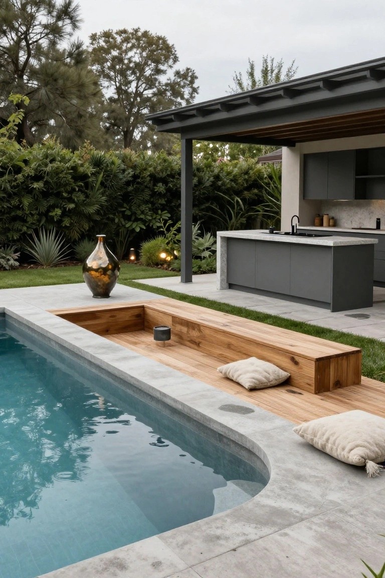 Outdoor inground pool with built-in wooden bench seating along the edge, white cushions on the bench, gray concrete decking, large metallic vase nearby, and an outdoor kitchen under a covered patio with surrounding trees and plants.