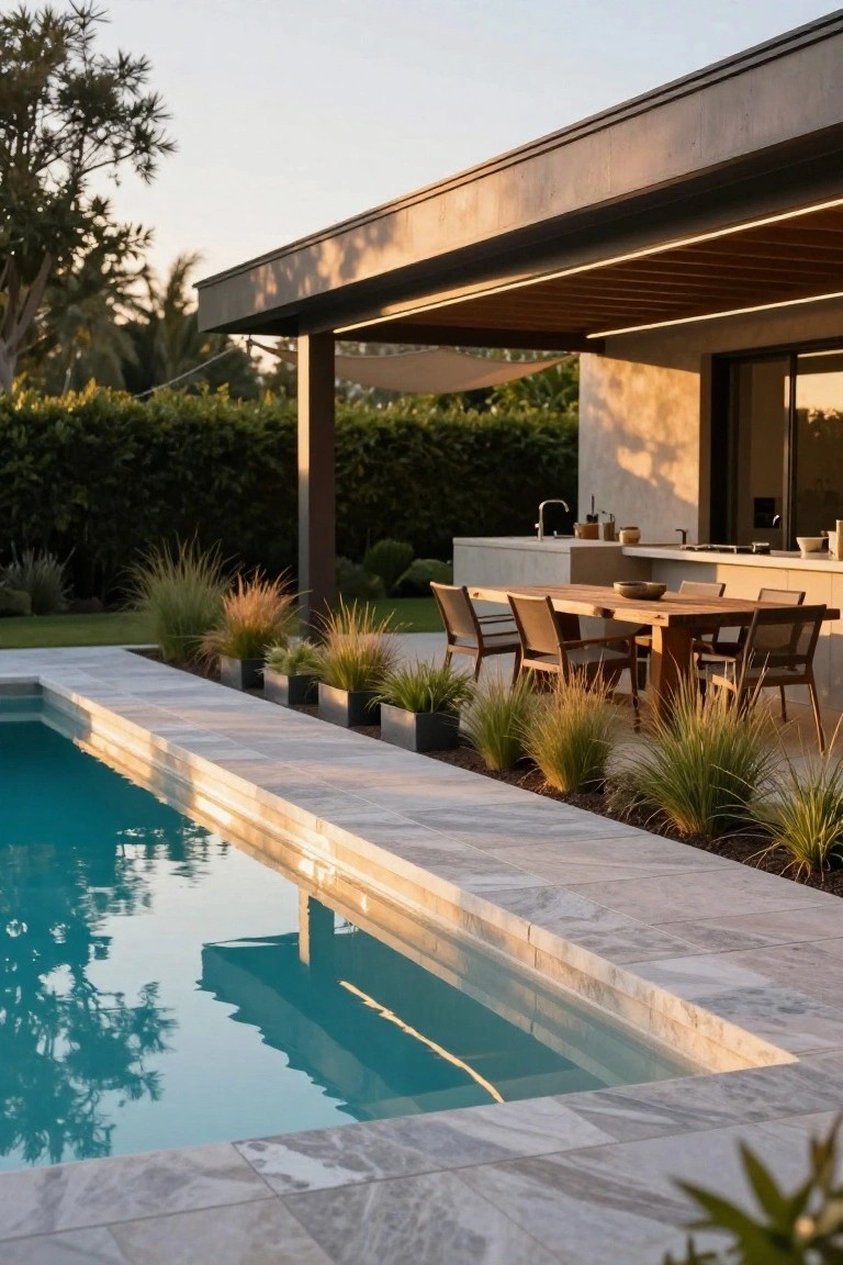 Outdoor inground pool with turquoise water bordered by light gray tiled deck, adjacent concrete kitchen counter with sink, wooden dining table and cushioned chairs, tall grasses in black planters, and modern house exterior in the background.